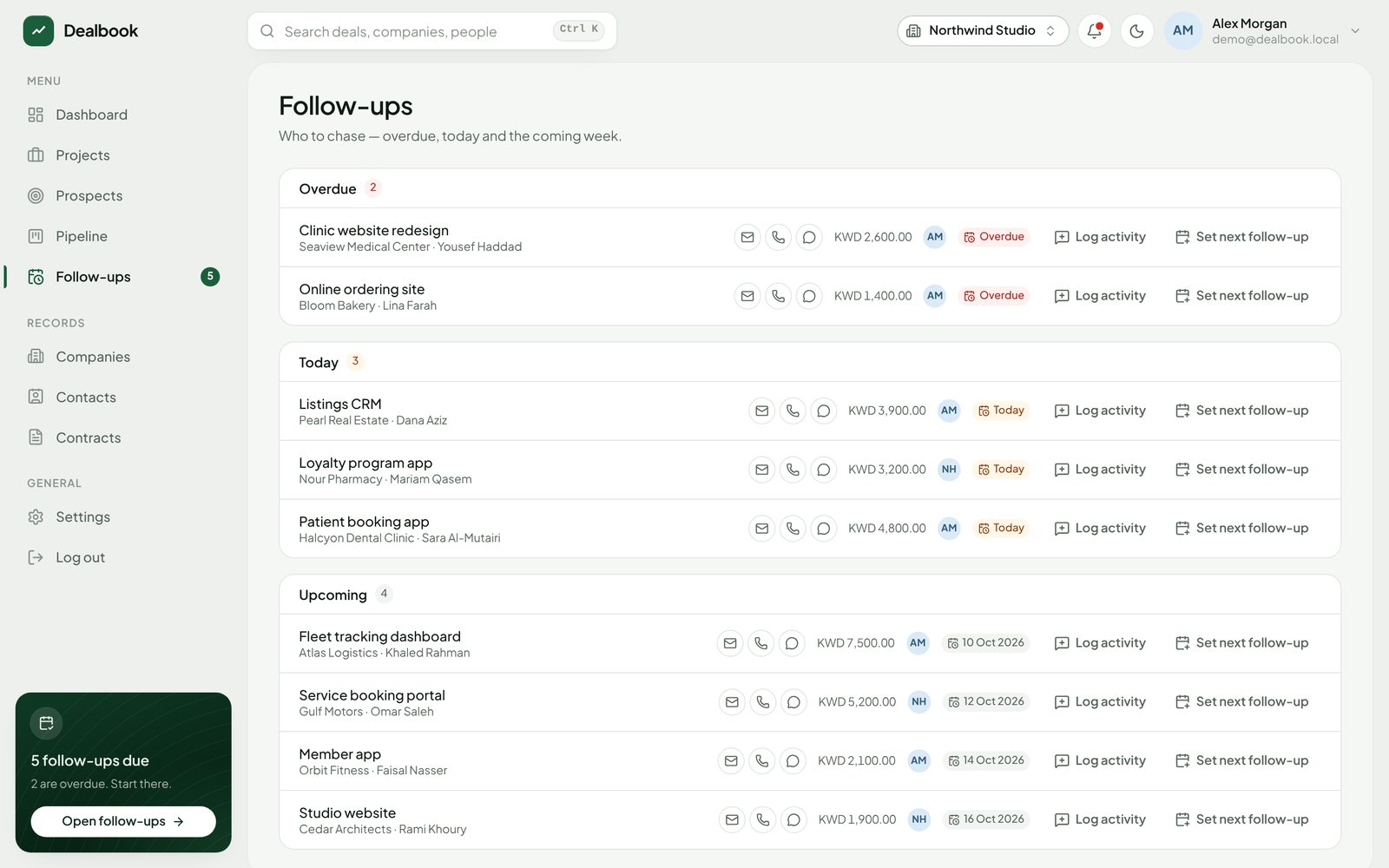 Follow-ups grouped into overdue, today and upcoming