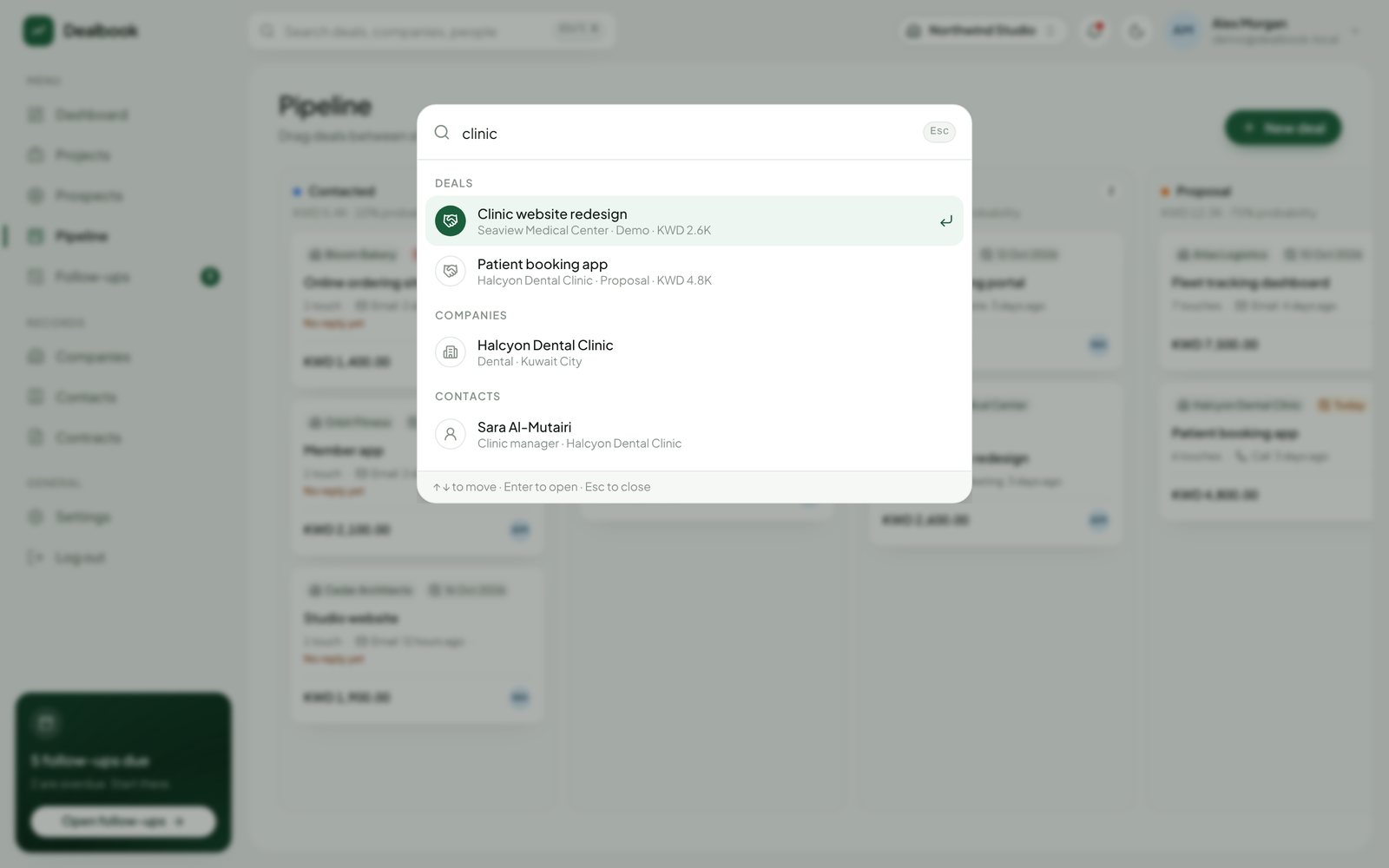 Ctrl K search across deals, companies and contacts